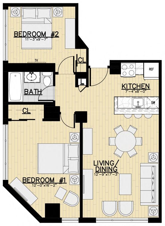 Floor plan for 2 beds, 1 bath, 803 sqft